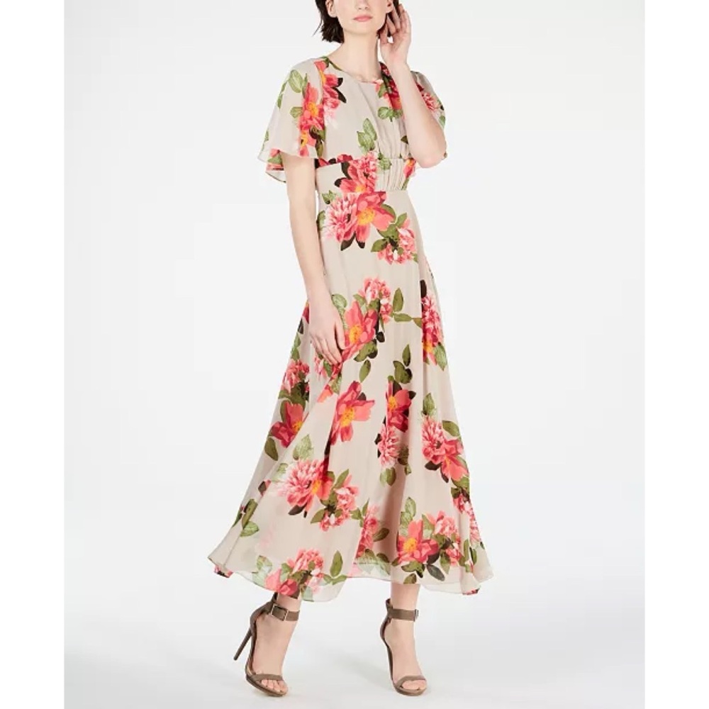 Floral Midi Dress with Flutter Sleeves - Pink Floral on Cream